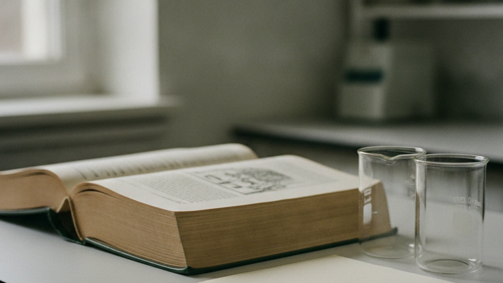 Un libro de consulta abierto sobre una mesa de laboratorio junto a dos vasos de precipitados vacíos, con luz suave de ventana.