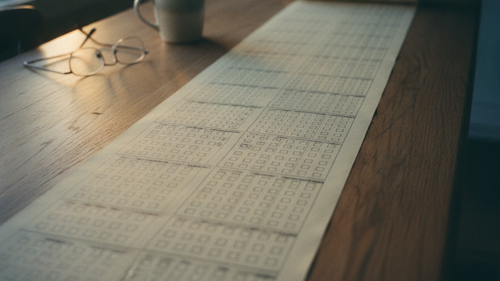 A long strip of paper covered in rows of empty checkboxes unrolled across an oak table at dusk, with reading glasses and a mug at the edge.