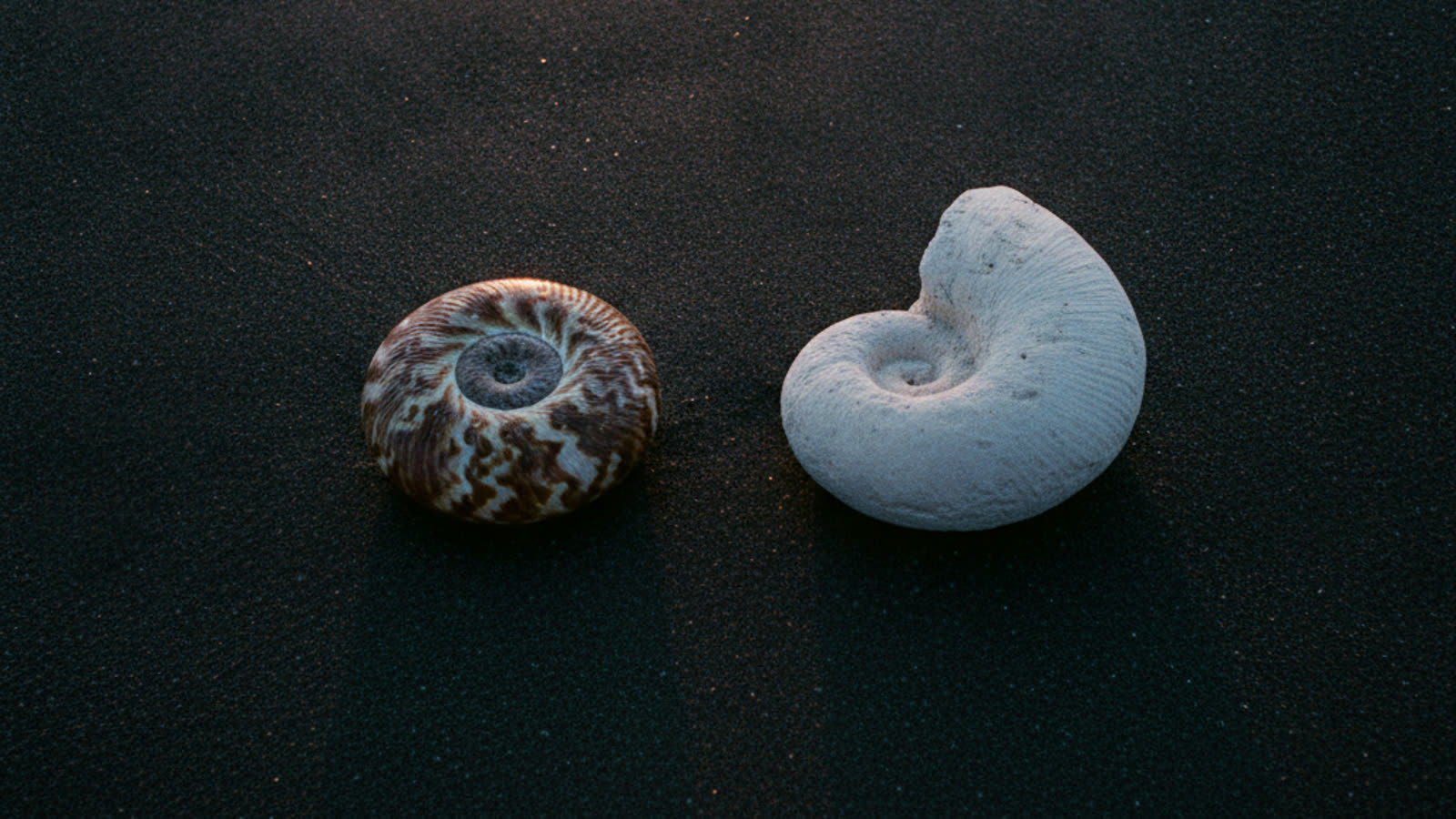A patterned seashell beside a pale plaster copy of a shell on dark sand at dusk.