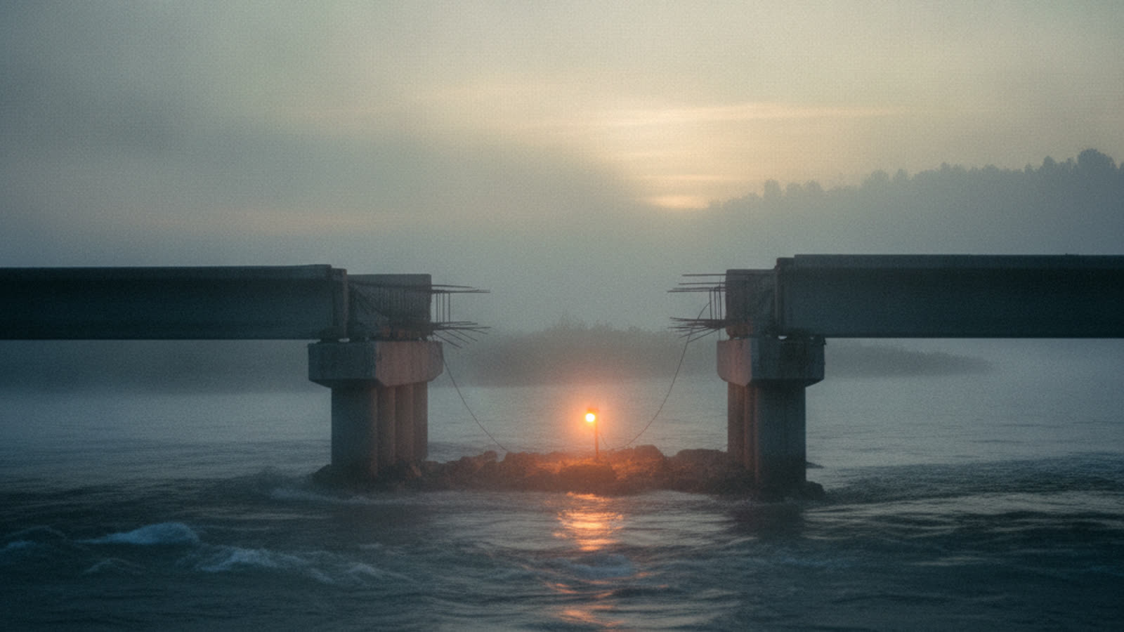 Two halves of an unfinished bridge over a misty river at dawn, a single orange lamp glowing in the gap.