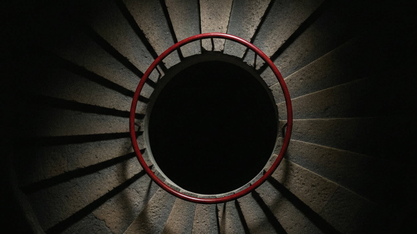 A spiral stone staircase seen from above descending into darkness, with a red handrail.