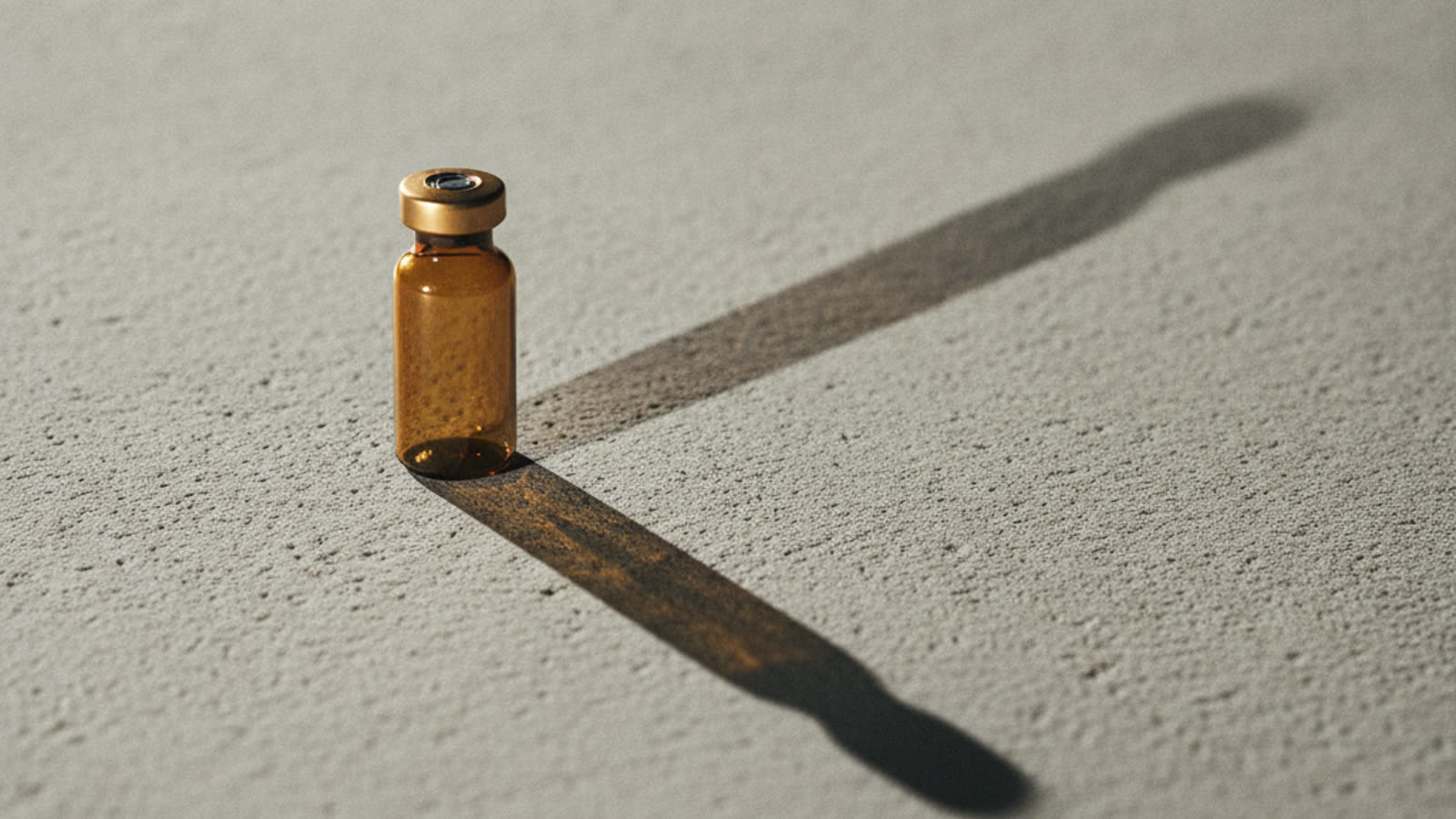 A single small amber glass vial on pale concrete, lit from a low angle so it throws a shadow many times longer than the vial itself.