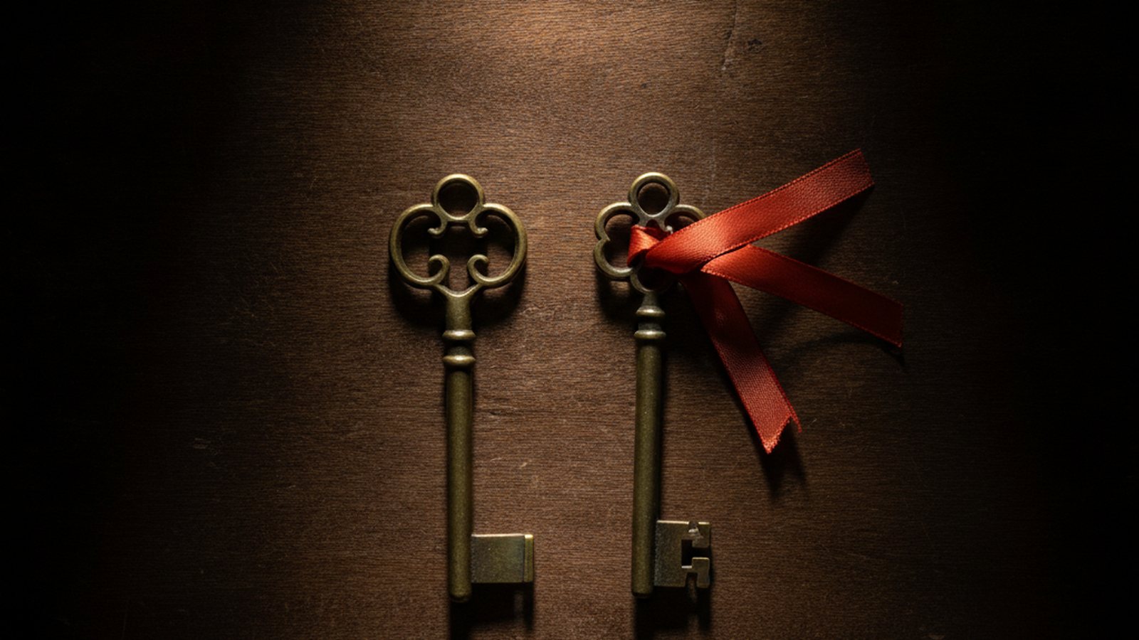 Two nearly identical brass keys on a dark wooden table, one with a different bit and a red ribbon.