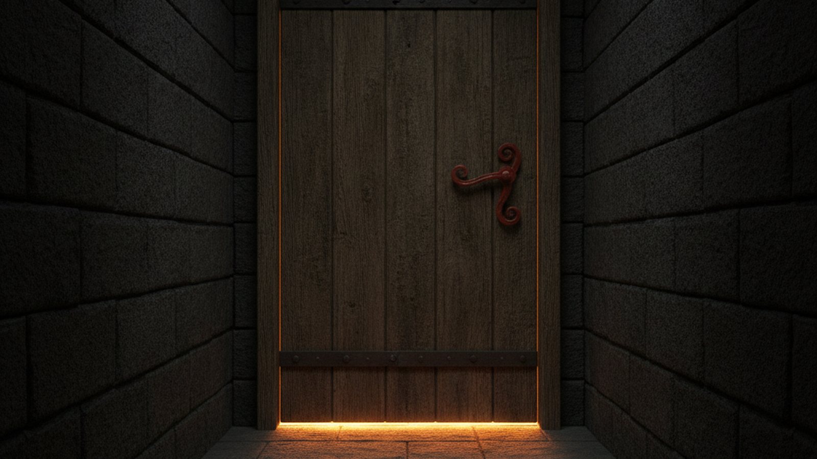A closed wooden door at the end of a dark stone corridor, light leaking from under it, a red handle.