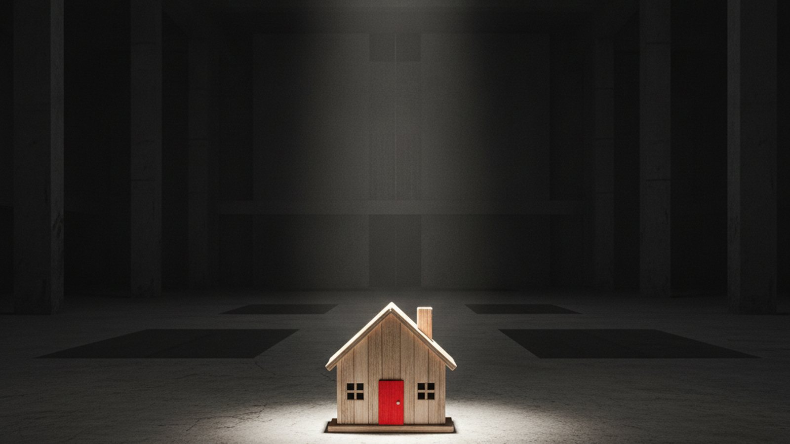 A small wooden toy house with a red door alone in a vast dark concrete hall, lit from above.
