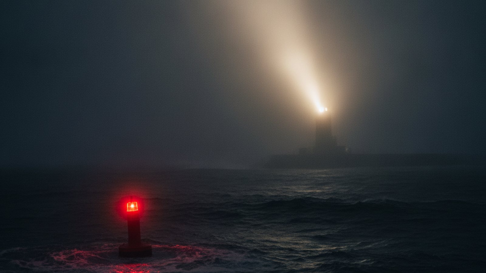 A lighthouse beam in thick fog over a dark sea, with one red buoy in the foreground.