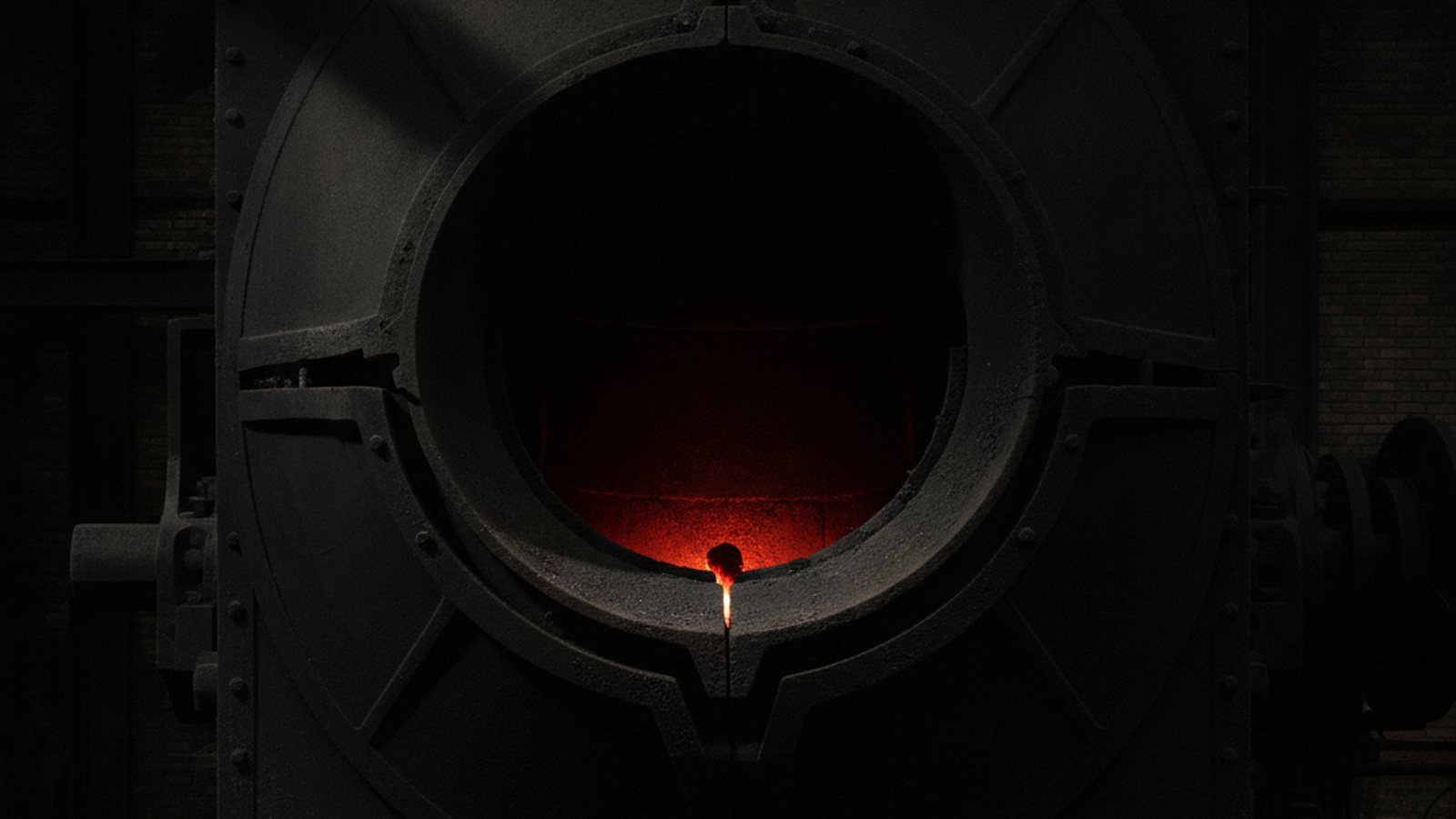 A single small glowing ember at the bottom of a huge dark iron furnace.