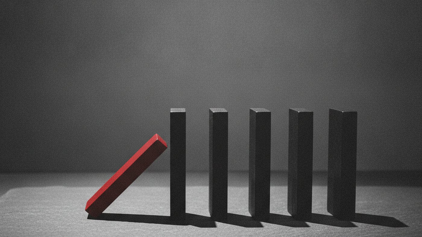 A row of black dominoes on dark slate in hard side light, the first one red and starting to tip.