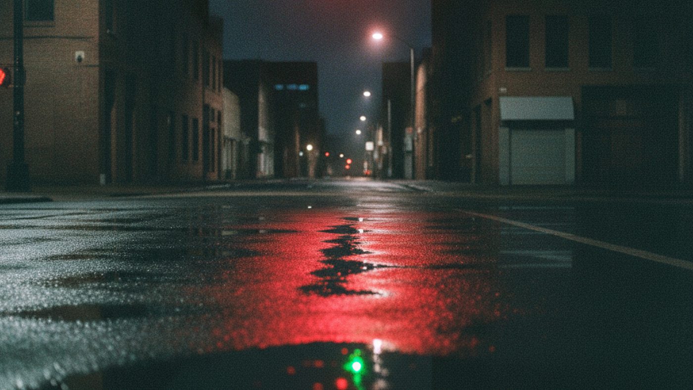 An empty wet street at night under a red light, with a small green light visible only as a reflection in a puddle.