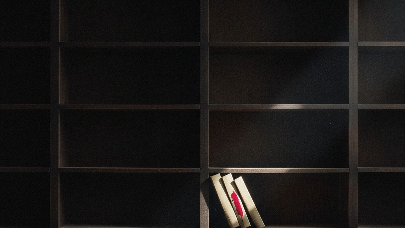 A large empty dark bookcase with three thin books leaning together on one shelf in a beam of light.