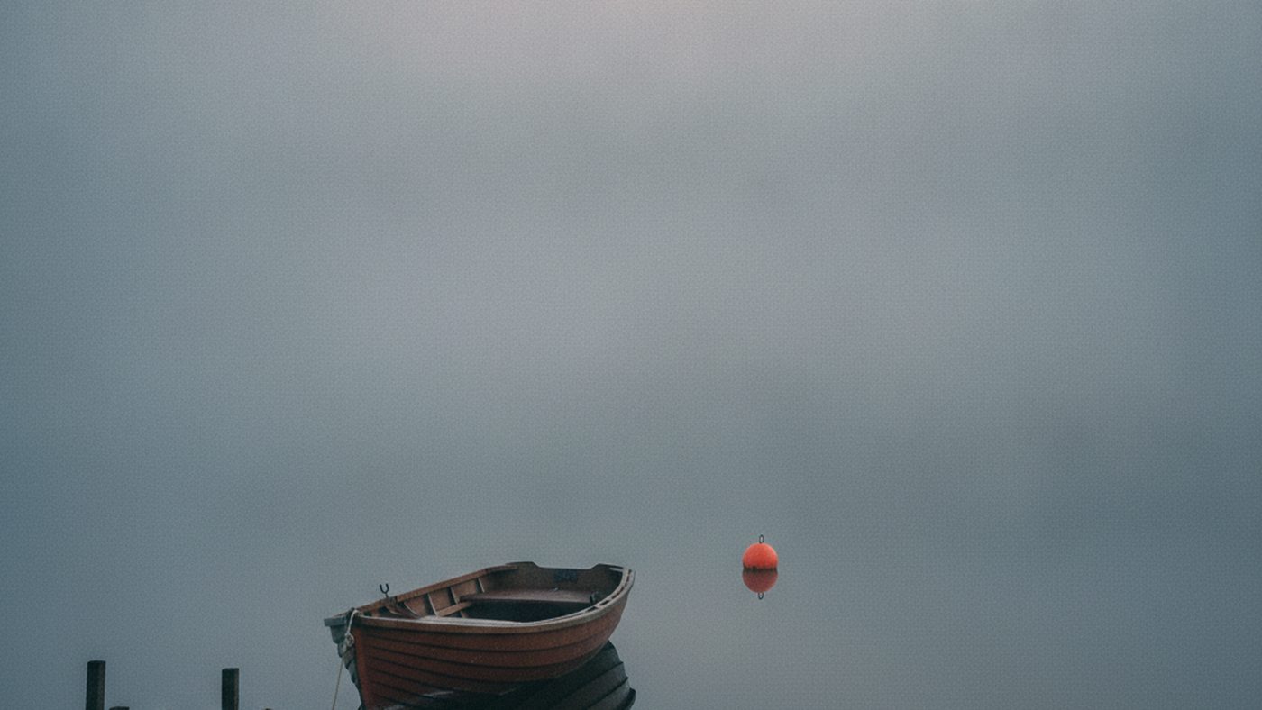 A wooden rowing boat at a dock on a lake in thick fog, an orange buoy the only colour, the far shore invisible.