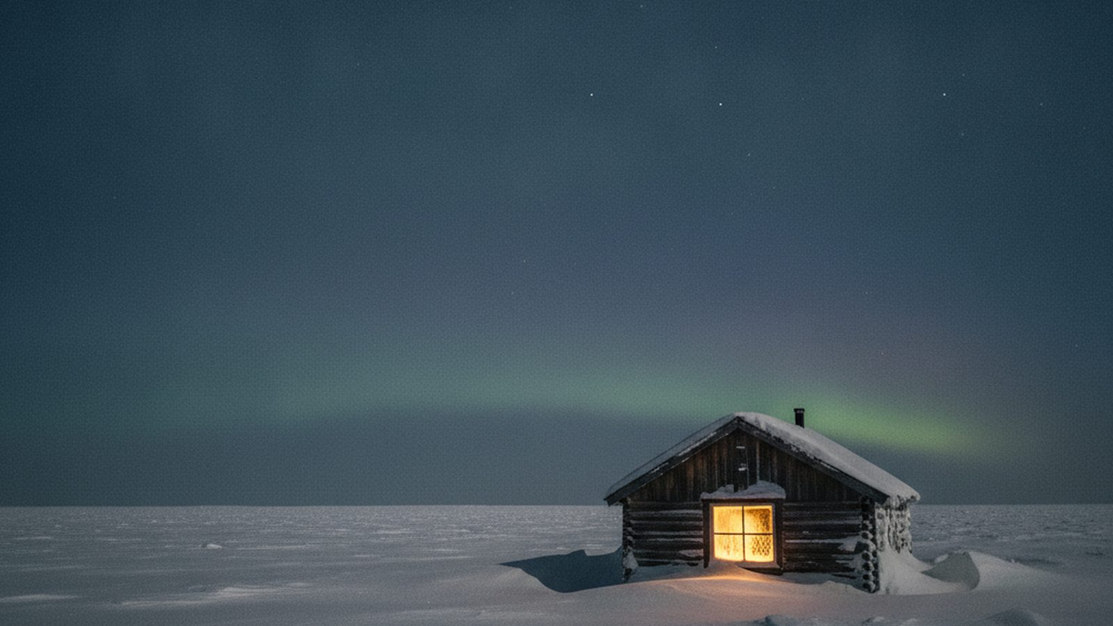 A single wooden cabin with one warm lit window on a vast frozen plain at night, a faint green aurora on the horizon.