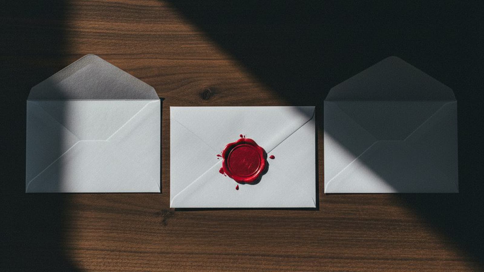 Three identical white envelopes on dark wood; only the middle one is sealed with red wax.