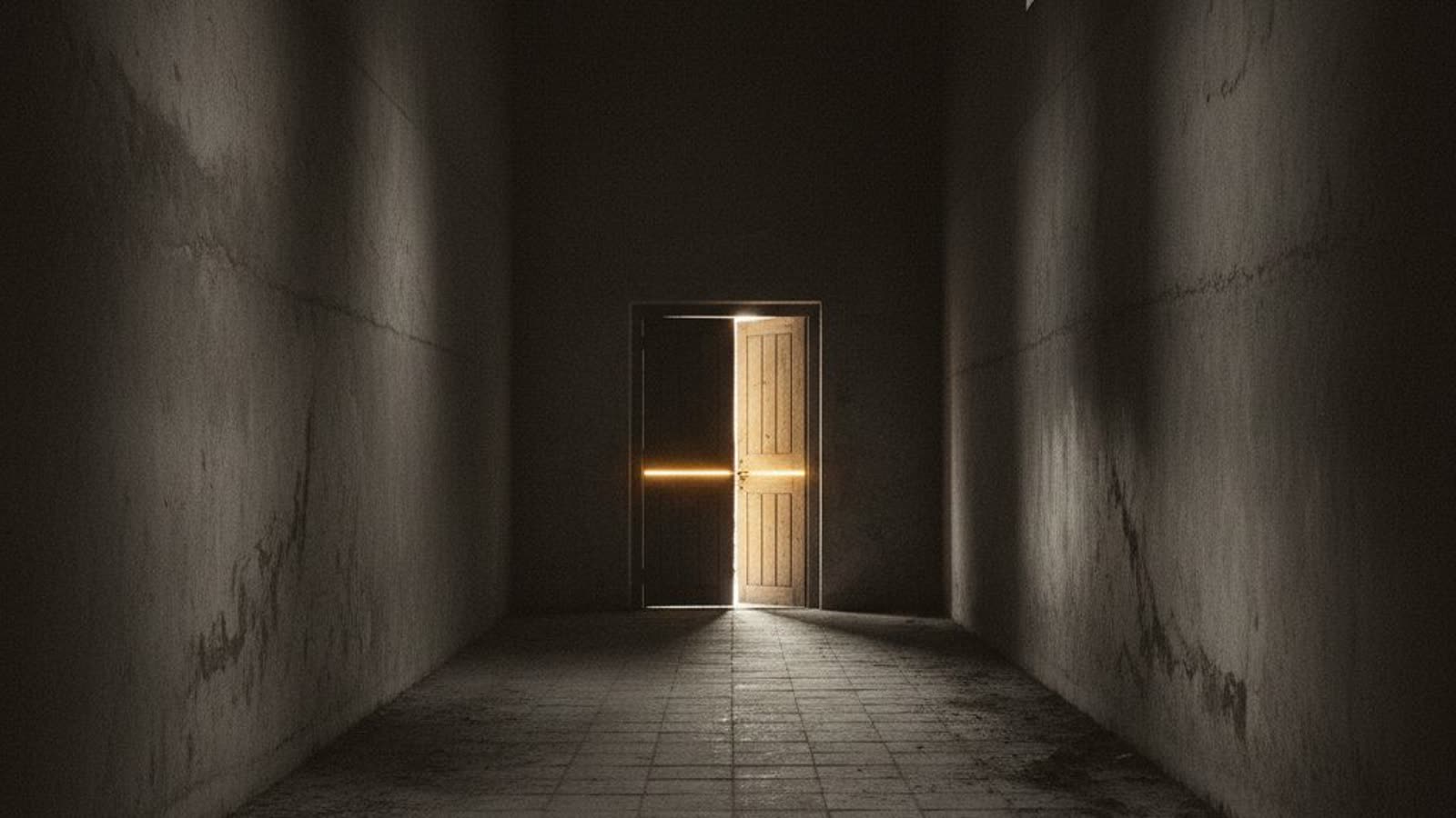 A long dark corridor with a door left ajar at the far end and warm light leaking through.