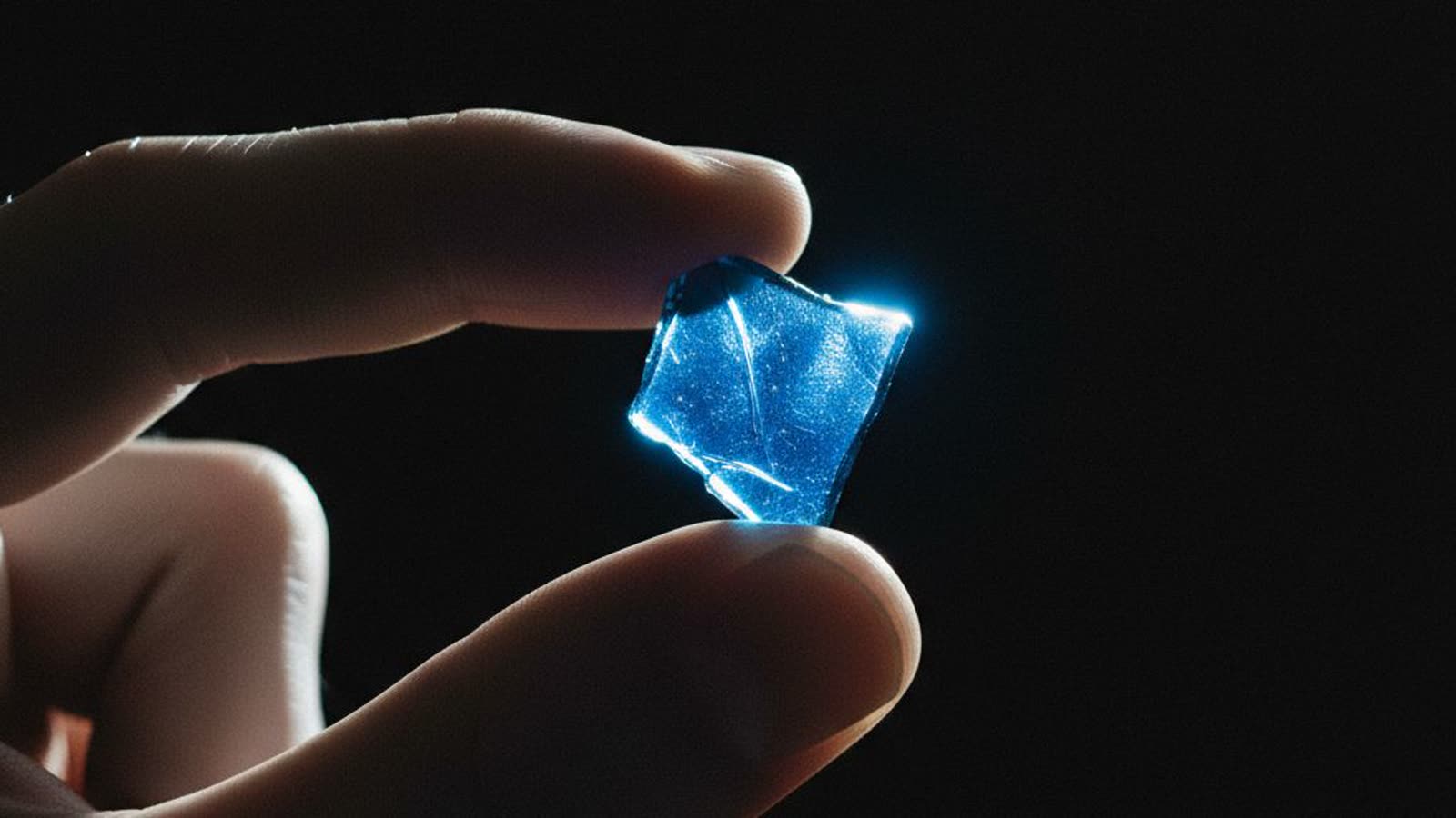 A single shard of blue glass held between two fingertips against a black background, backlit so its edges glow.