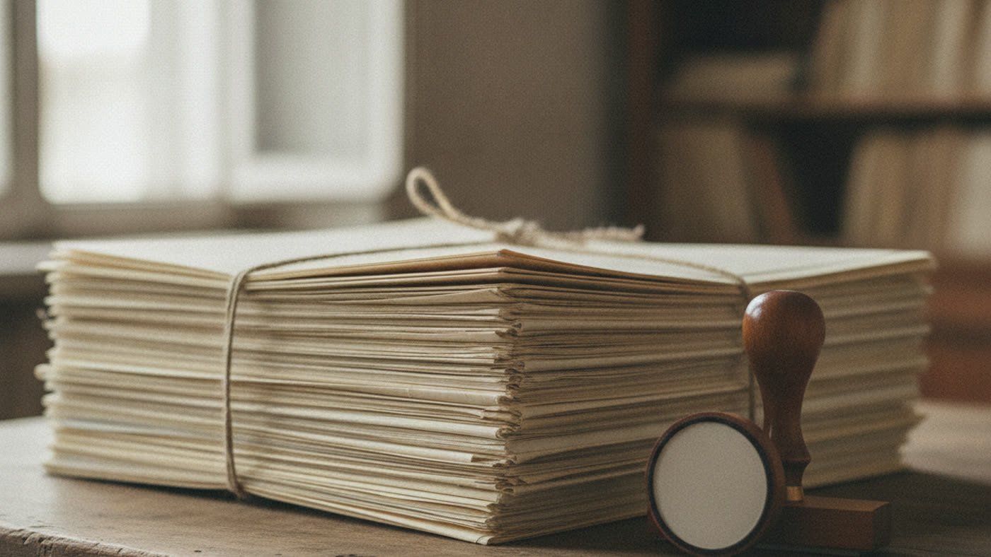 A tied stack of cream paper folders on a wooden desk beside a rubber stamp with a blank face.