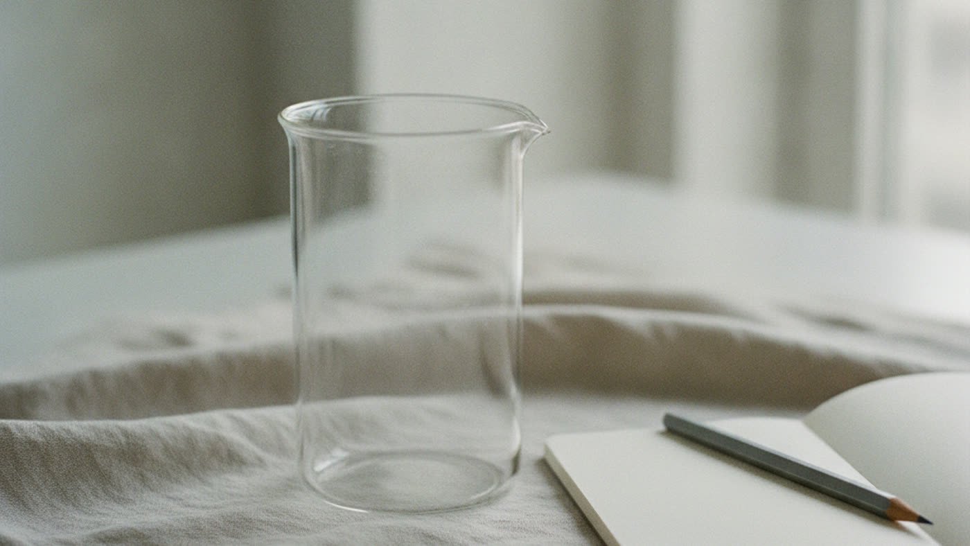 An empty clear glass beaker on pale linen beside a blank notebook and pencil.