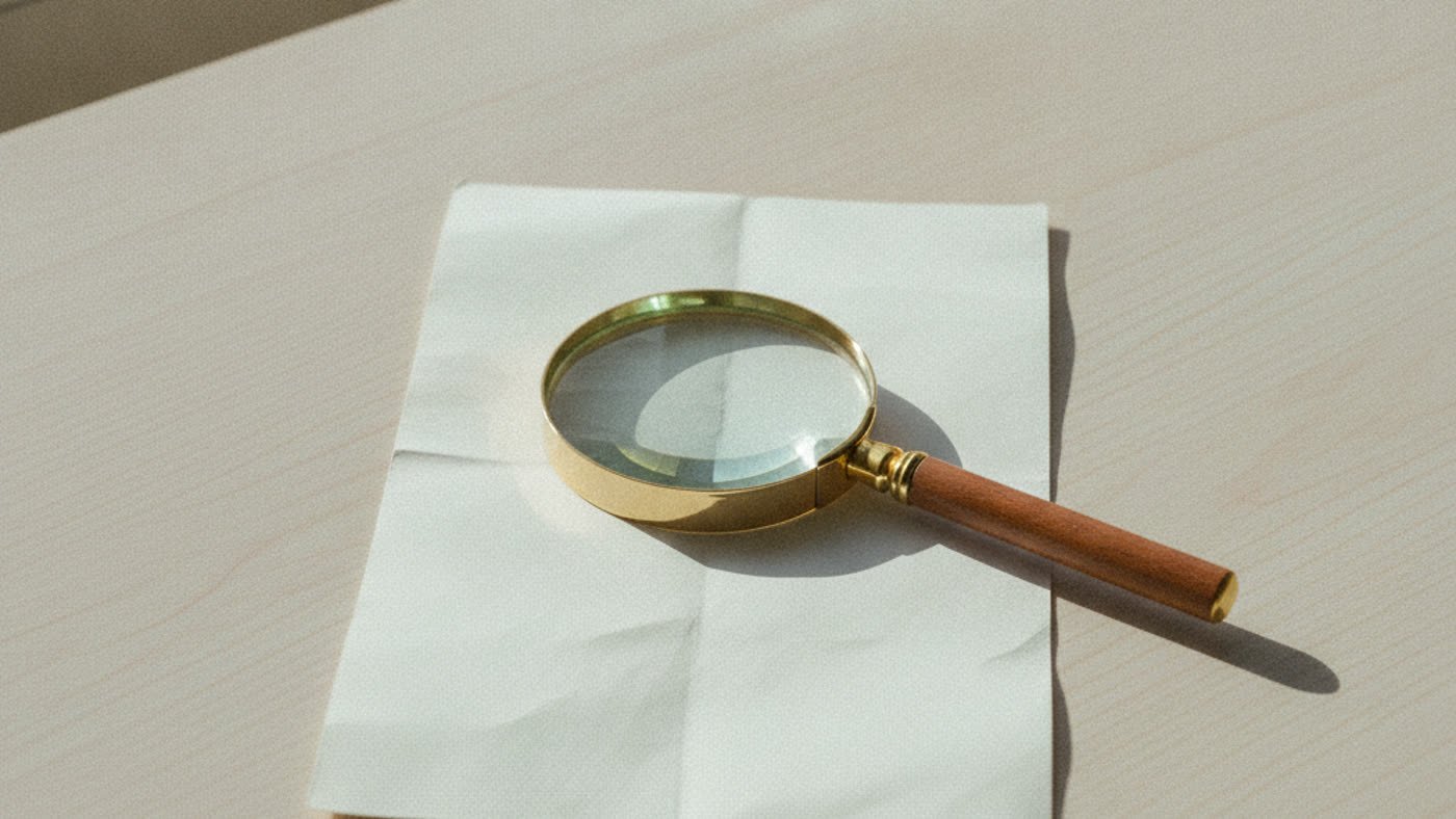 A brass magnifying glass resting on a blank folded paper leaflet.