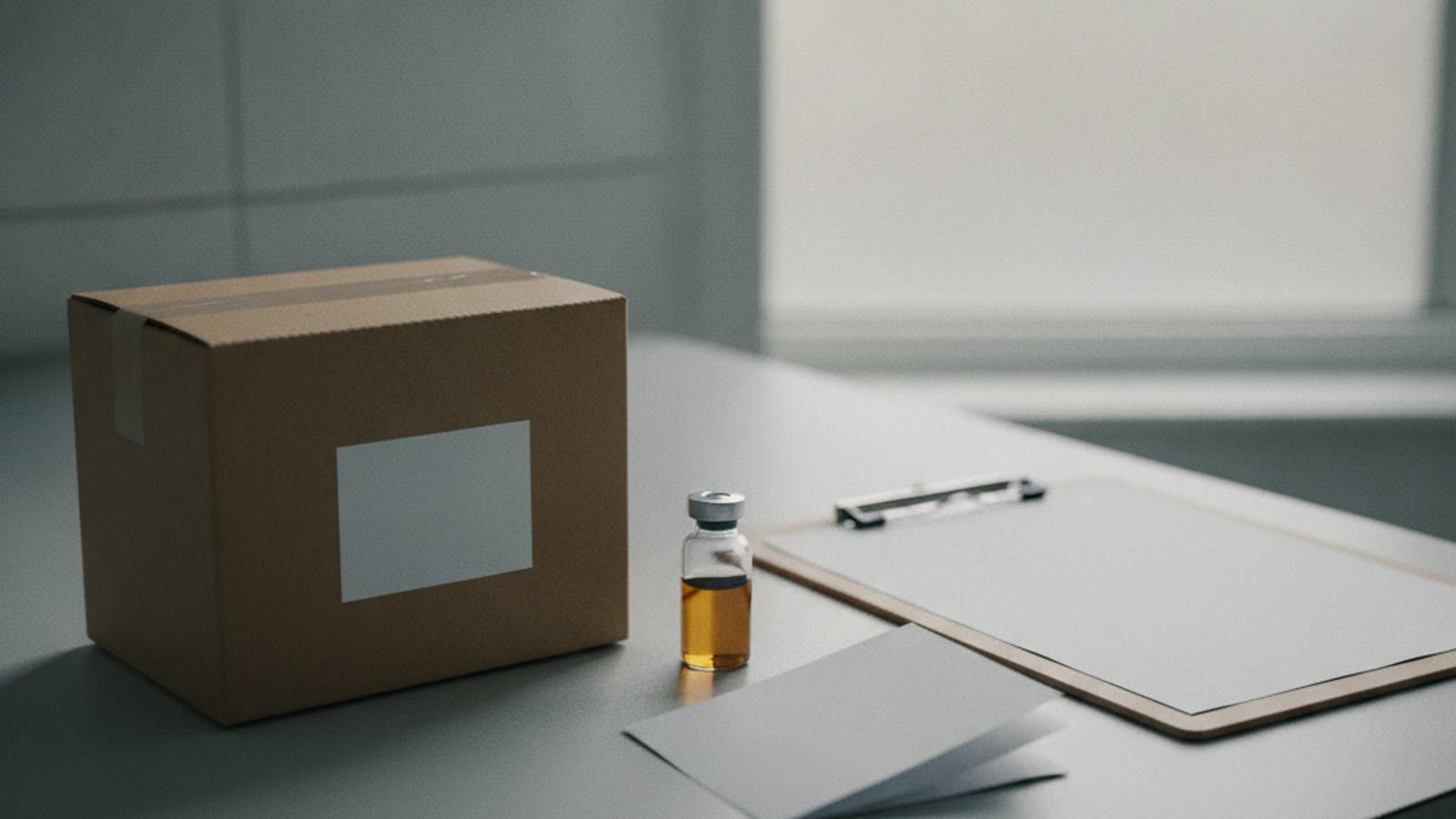 A plain cardboard carton and a small amber glass vial on a clinic counter next to a blank clipboard and a folded leaflet.