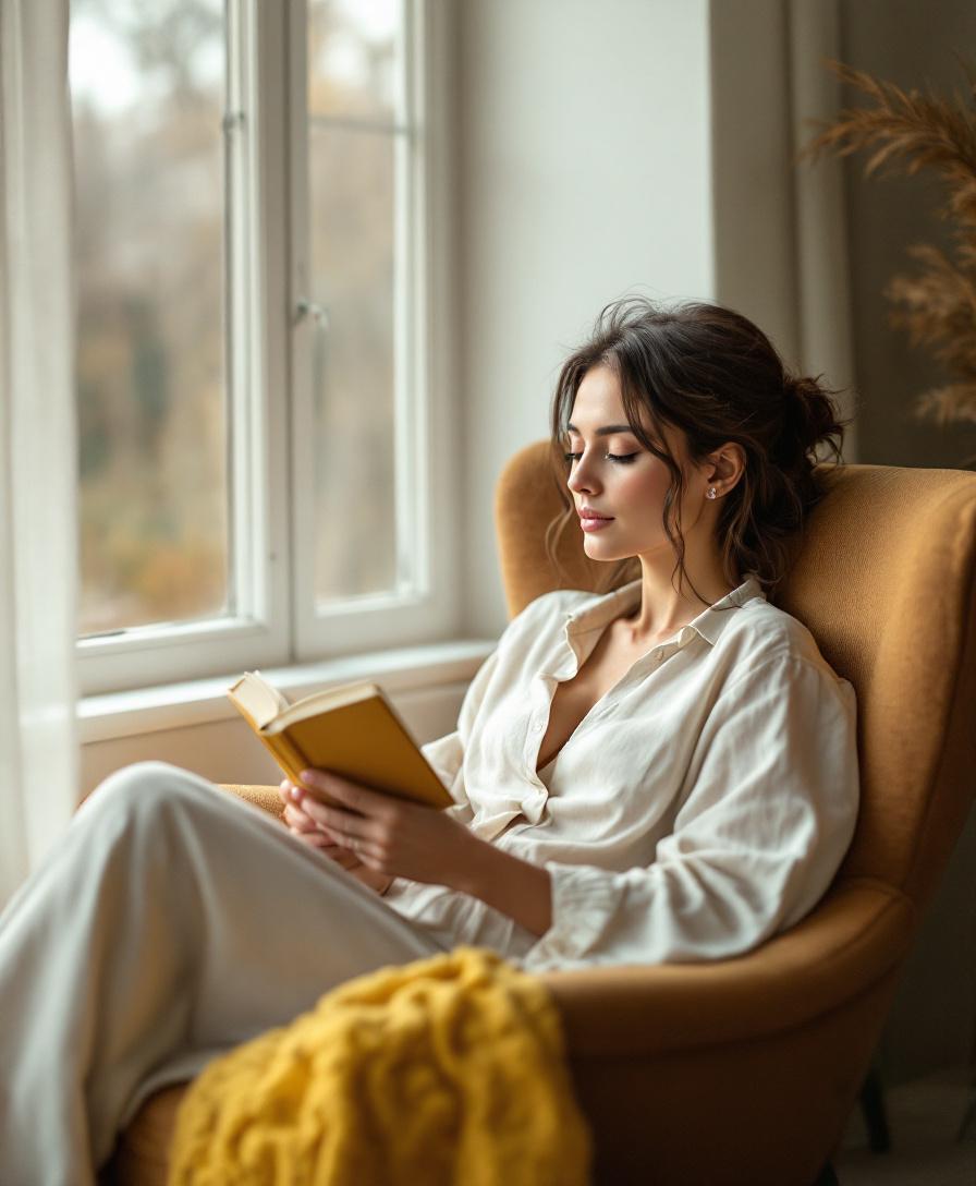 A woman in soft afternoon light, pensive, holding a coffee cup