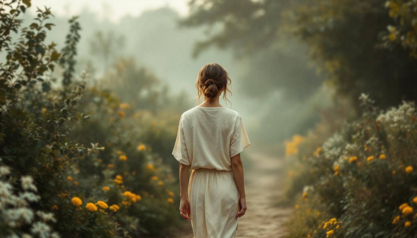 A woman walking in soft morning light, alone, contemplative