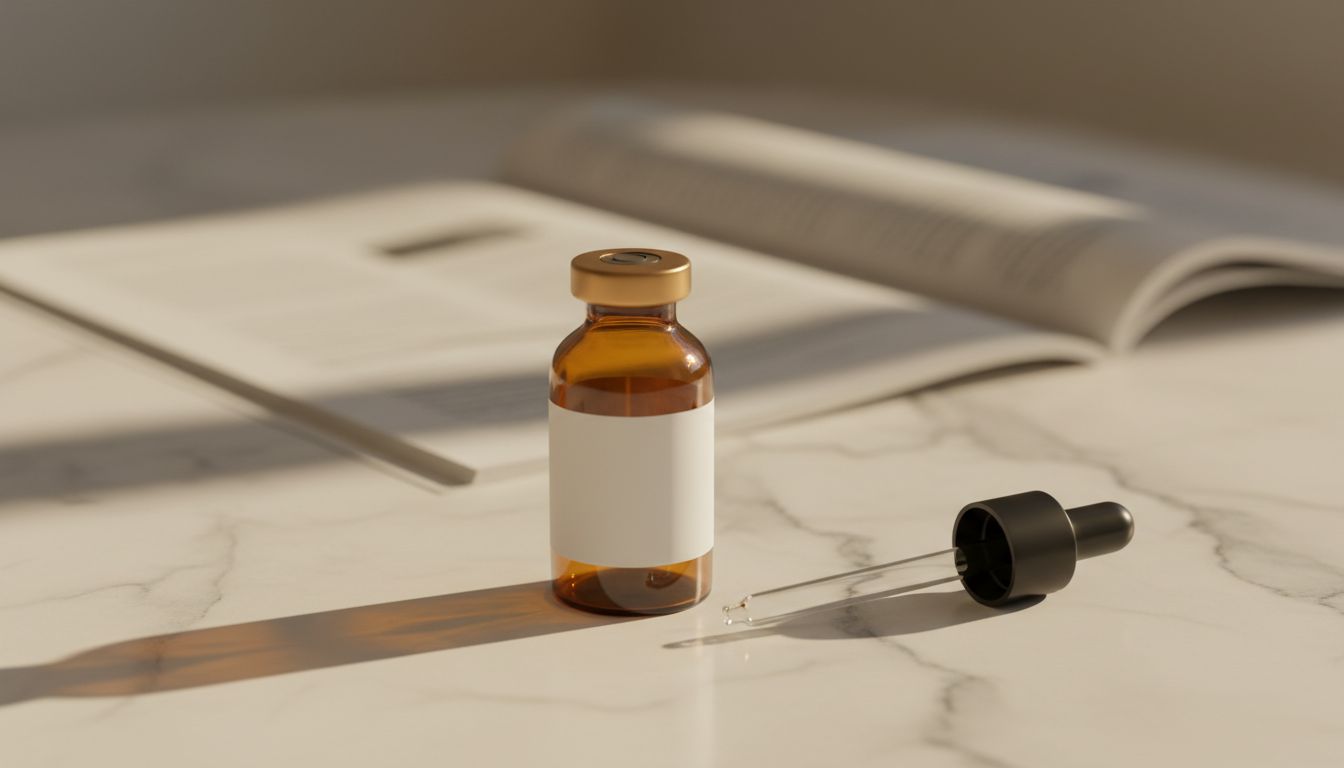 Editorial still life — amber prescription vial, pipette, blurred journal page.